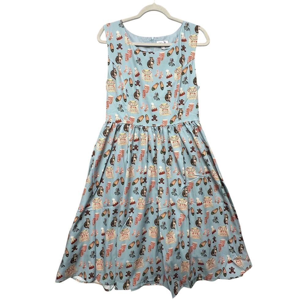 Tulip B Blue Holiday Cozy Cats Novelty Print Fit & Flare Dress Pockets M L